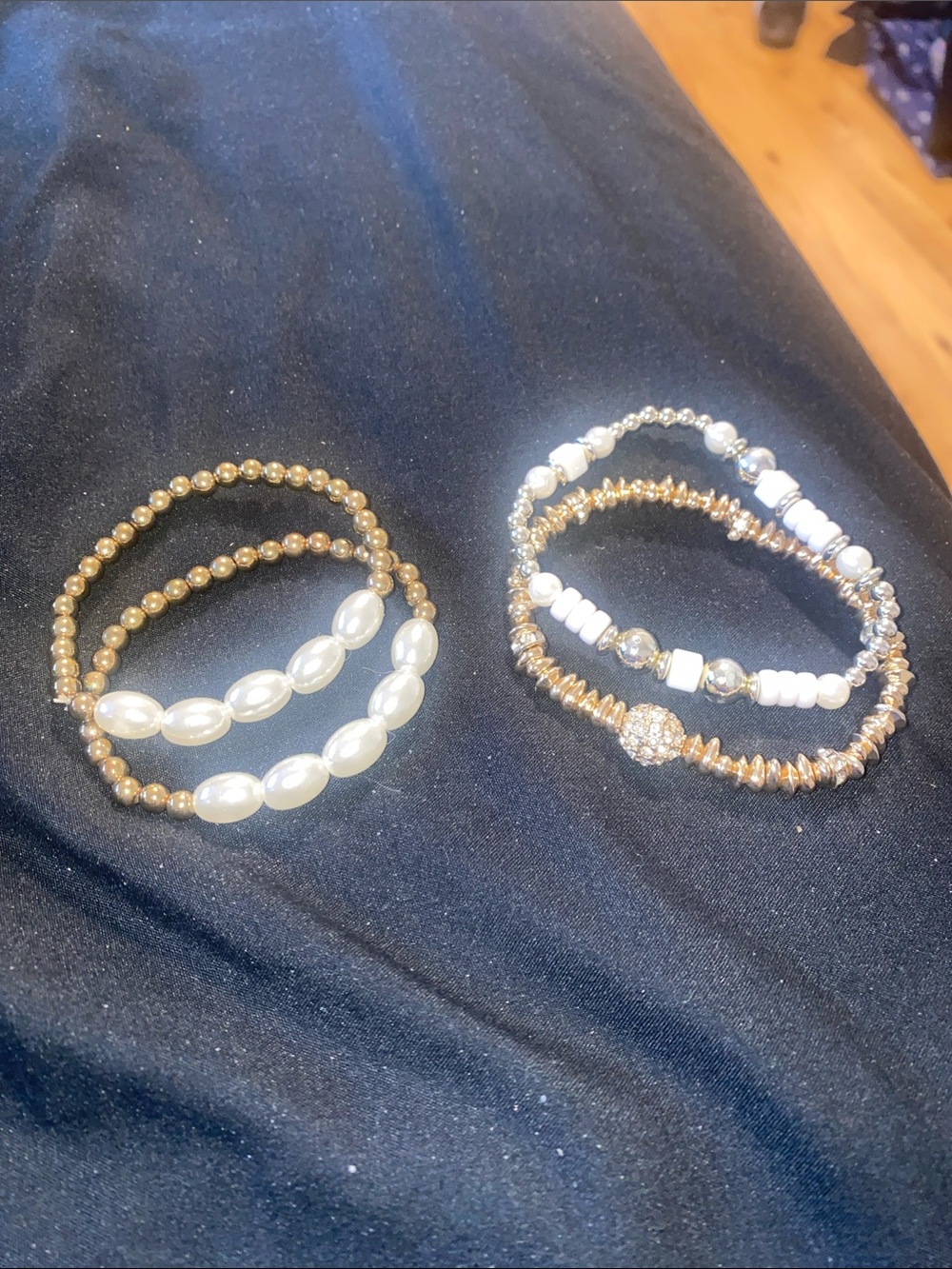 Gold and White Beaded Stretch Bracelet Set - Elegant Pearl Accent